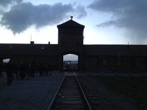 On the railroad track in front of Birkinau.
