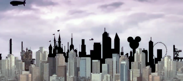 A smoggy city skyline with a blimp flying over it.
