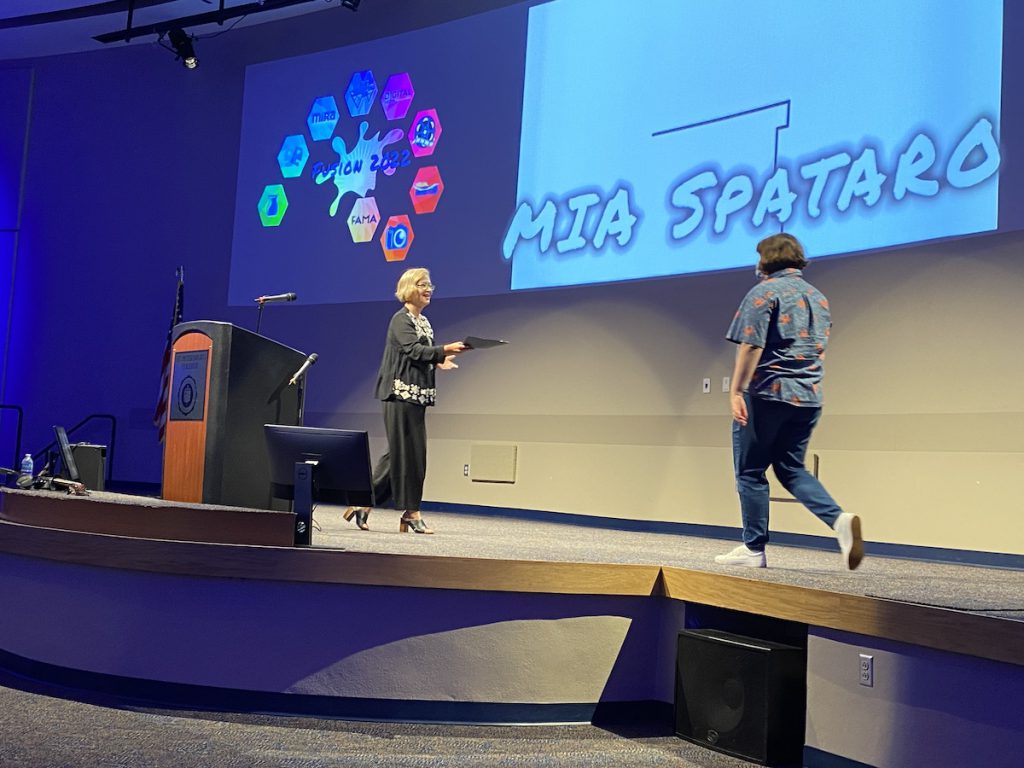 Dean Barbara Hubbard announces Animation winner Mia Spataro.