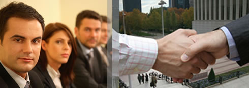 SPC prepares you for top paying business jobs. Picture of serious business people on left and two men shaking hands on the right