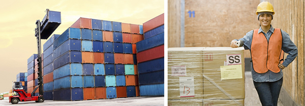Supply Chain Management. Construction on left, construction worker on the left