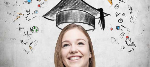 A young woman with a graduation cap drawn over her head.