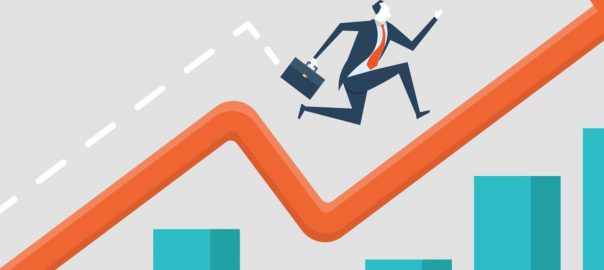 Graphic showing a man in a business suit running up a line graph.