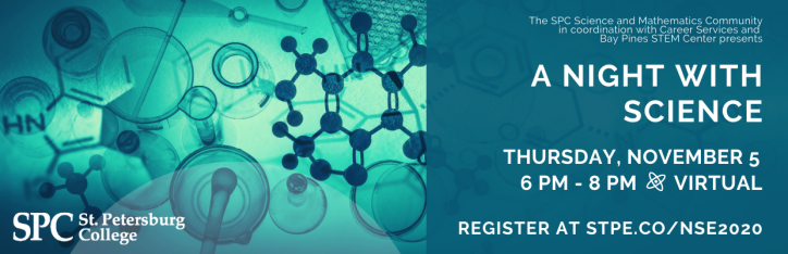 Science graphic with caption "A Night with Science: Thursday November 5. 6-8pm - Virtual. Register at stpe.co/nse2020