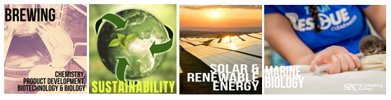 Graphic with text: Brewing: chemistry, product development, biotechnology, and biology, sustainability, solar and renewable energy, and marine biology.