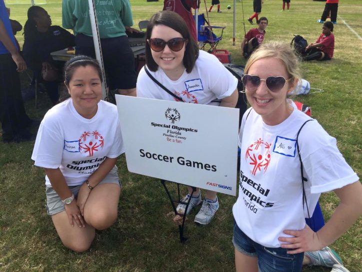 SPC College of Education volunteers helped directed soccer skills events at the Special Olympics.