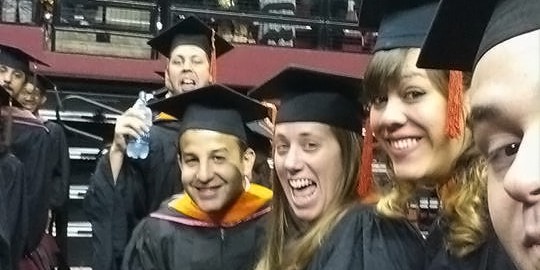 O&P Grads Brian Moran, Gabriel Henao, Stephanie Poling, Orializ Gonzales and Tony Ferraro awaiting to receive their Master's diploma