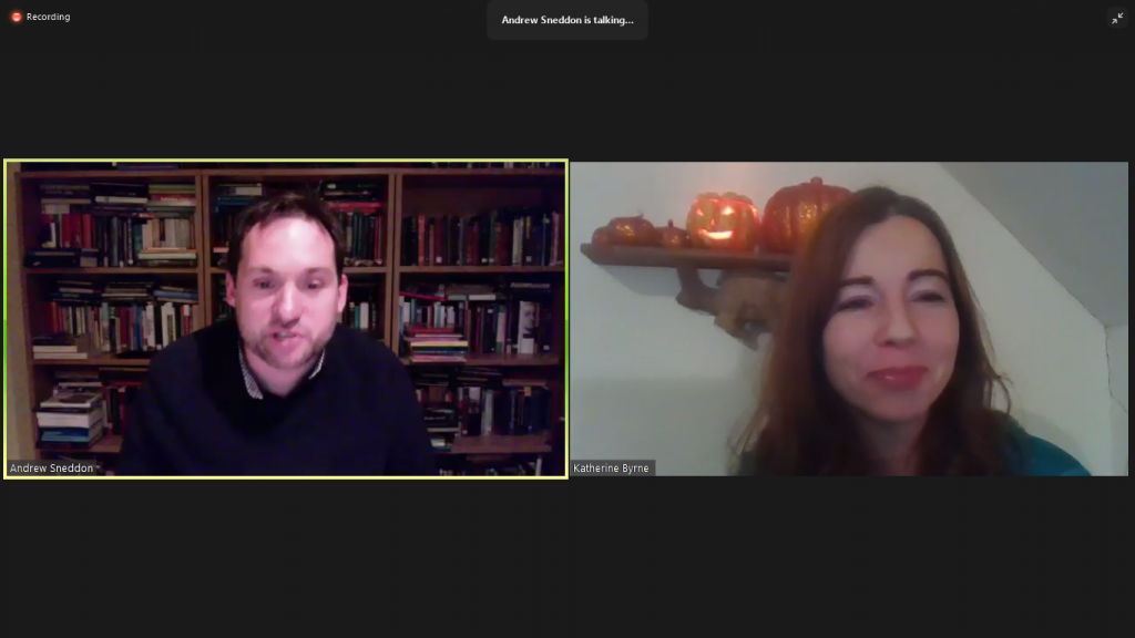Professors Andrew Sneddon and Katherine Byrne on a Zoom screen talking about the history of ghosts.