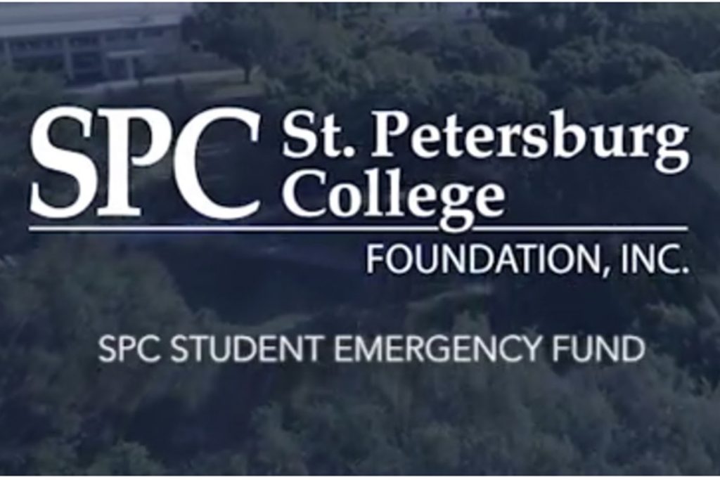 View from the sky of an SPC campus with the words superimposed "SPC St. Petersburg College Foundation, Inc. SPC Student Emergency Fund"