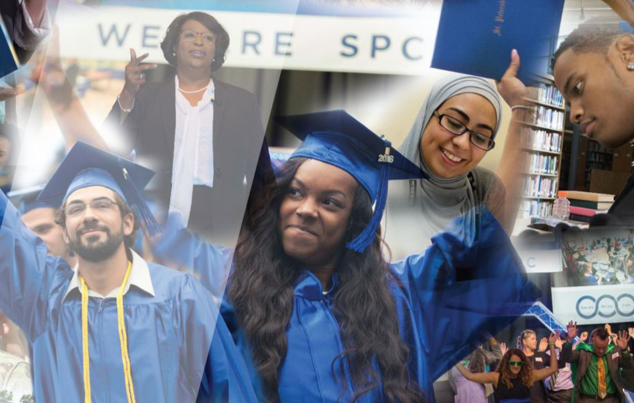 Collage of photos including SPC graduates and SPC President Dr. Tonjua Williams