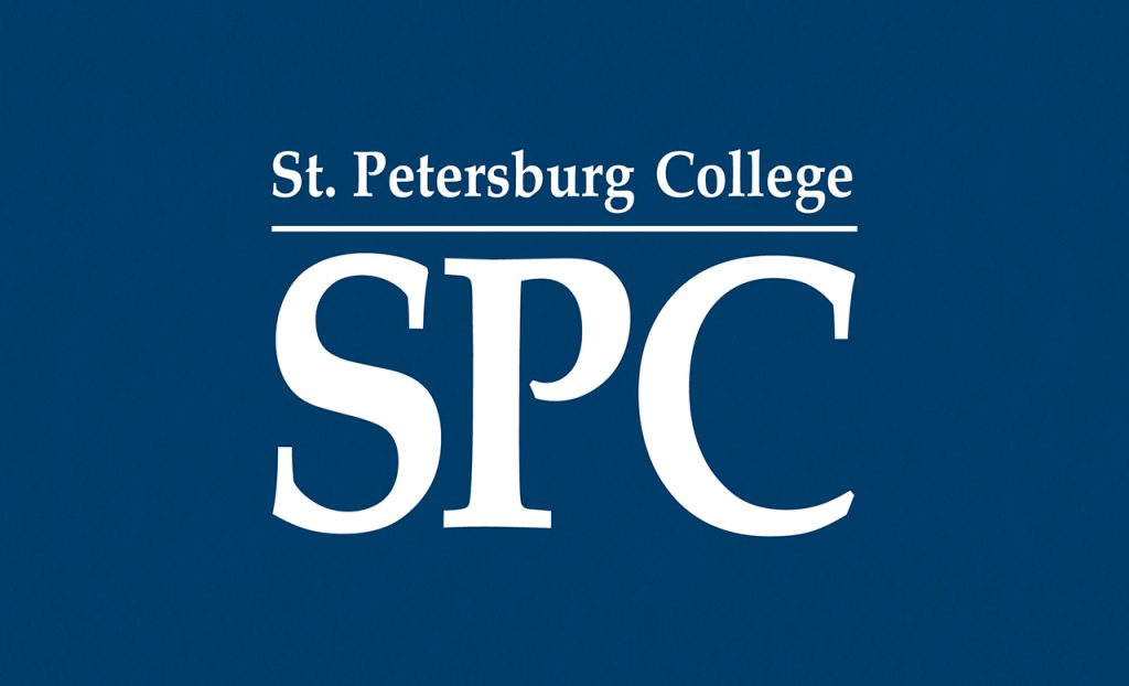The St. Petersburg College logo in white on a dark blue background.