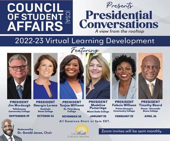 flyer depicting six college presidents who will present at the Presidential Conversations virtual learning series