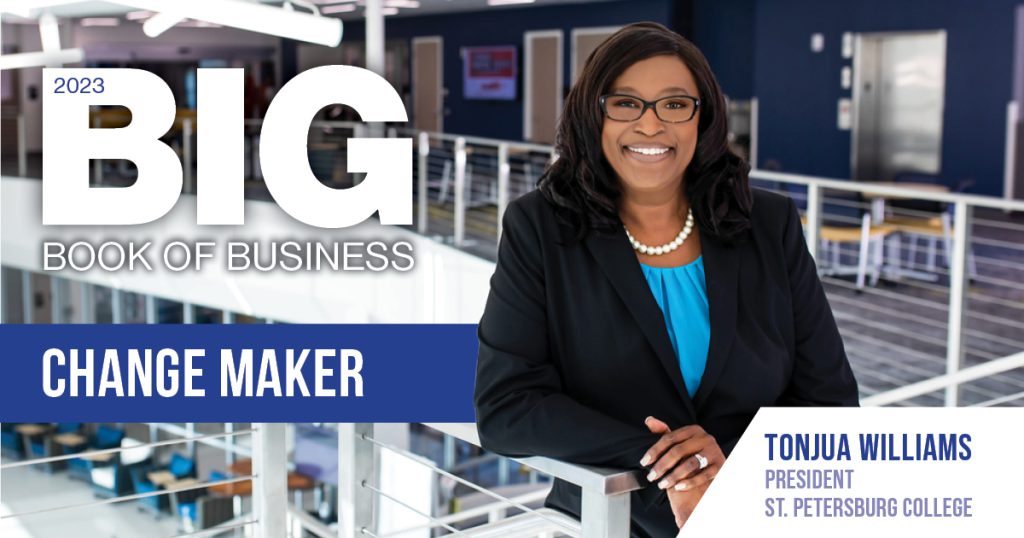 SPC President Dr. Tonjua Williams leans on a railing in a two-story room at one of the SPC's campuses. The words "2023 Big Book of Business Change Maker" are visible in one corner of the graphic.