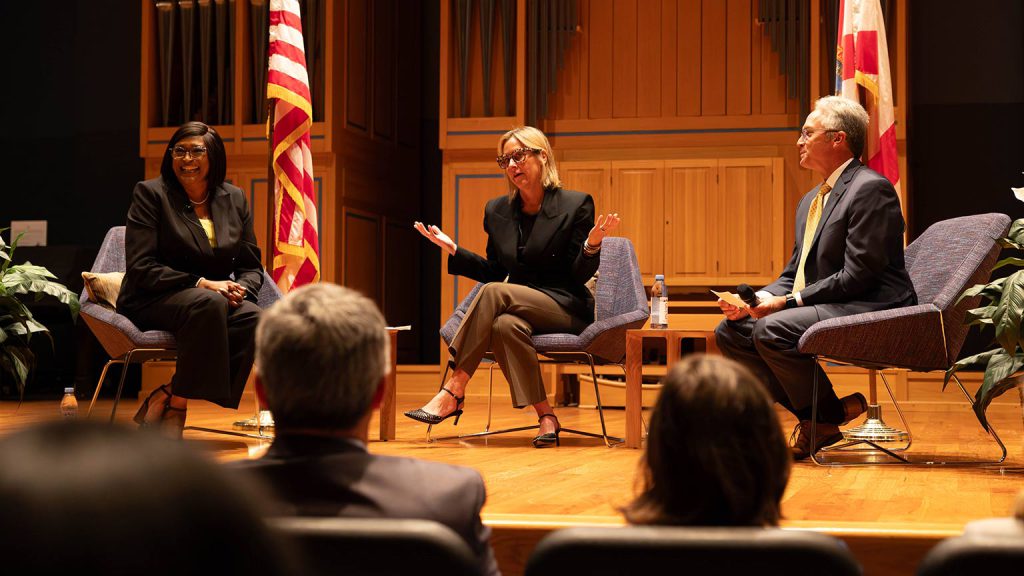 SPC President Dr. Tonjua Williams (left) talks with Holly O’Neill, President of Retail Banking for Bank of America (center), about the importance of financial literacy and higher education. Bill Goede, former Tampa Bay President for Bank of America (right), moderated the event.