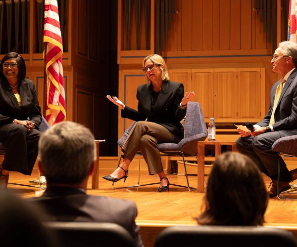 SPC President Dr. Tonjua Williams (left) talks with Holly O’Neill, President of Retail Banking for Bank of America (center), about the importance of financial literacy and higher education. Bill Goede, former Tampa Bay President for Bank of America (right), moderated the event.