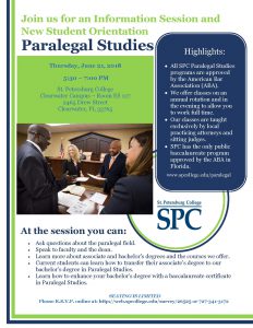 Flier for the SPC Summer Paralegal Studies Information Session