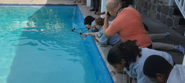 students operate rovs in a pool at Sea & Learn