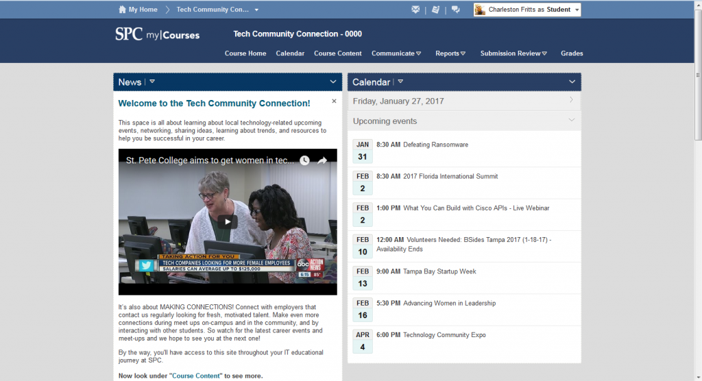 Tech Communtity Connections Mycourses page screen snip