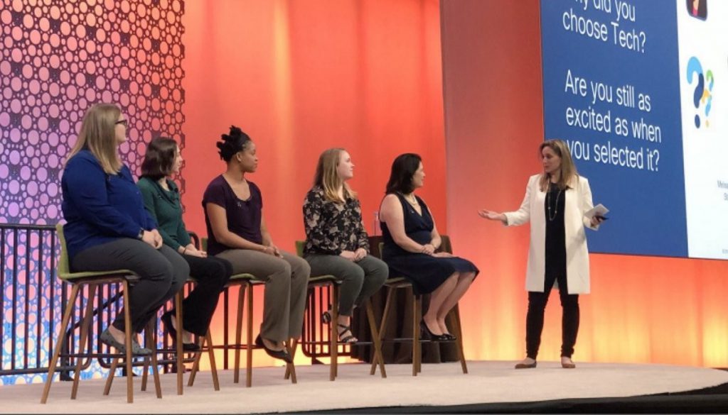 SPC student winners of the IT Management Scholarship on stage at the Cisco Live conference
